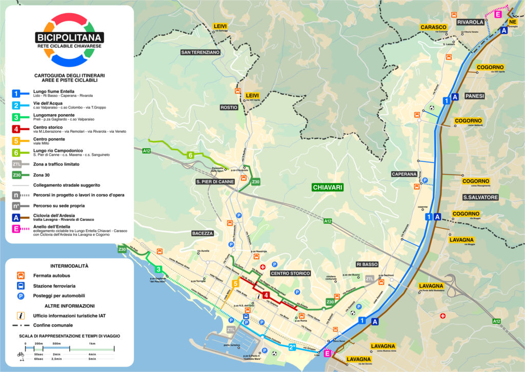 carta illustrativa delle zone ciclabili di Chiavari