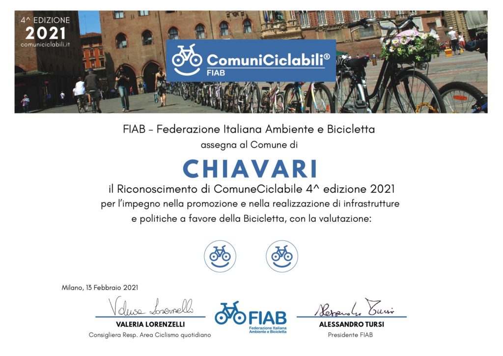 attestato fiab Chiavari comune ciclabile 2021